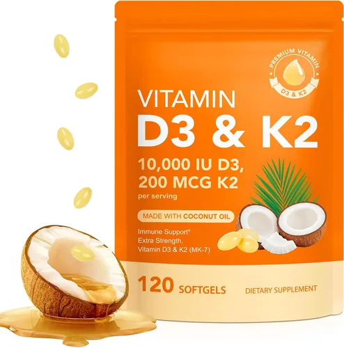 Liefiet Vitamina D3 K2 10000 UI con 200 mg, cápsulas de vitamina D3 y K2, complejo de vitaminas D y K 2 en 1 con aceite de coco, 120 cápsulas blandas