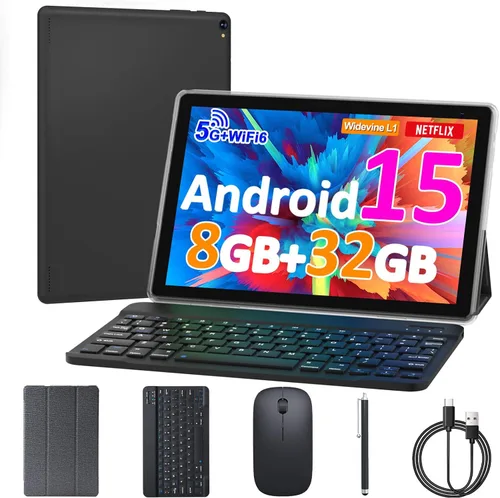 Tablet Android 15 de 10 pulgadas, 8GB RAM 32GB ROM Potente CPU de cuatro núcleos, pantalla de resolución 1280* 800 Tablet PC, cámara de 8MP Negro