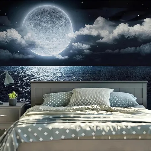 Mural de pared 3D de luna brillante en el mar, cielo nocturno, impresión fotográfica, mural panorámico para casa de campo, sala de estar,