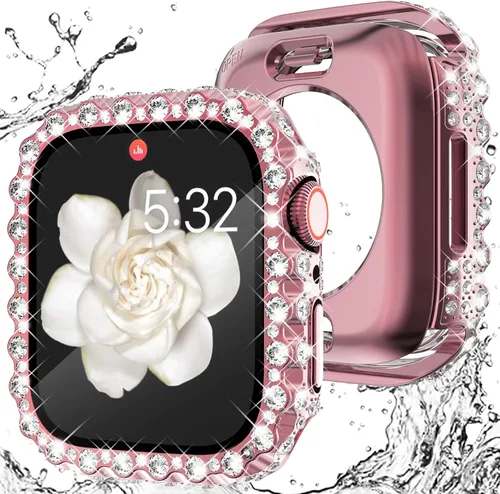 Vista 17 de Wingle 2 en 1 Funda impermeable para Apple Watch 40mm Protector de pantalla SE 3/2/1 Series 6 5 4, Bling Lace Edge Diamond Cara Cubierta Completa