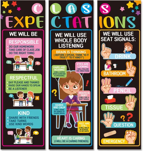 ZOIIWA 3 piezas de póster jumbo con expectativas de clase para decoración de aula, reglas, pancarta de pared, carteles educativos de regreso a