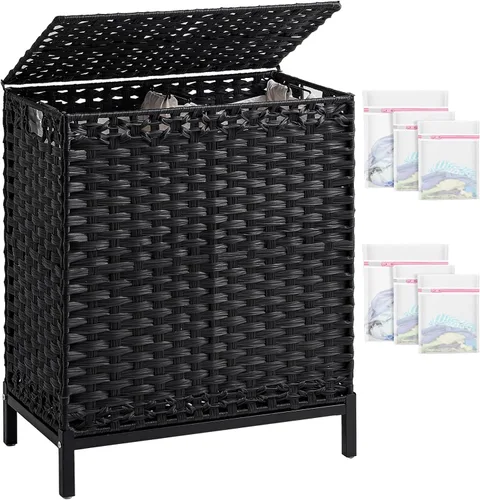SETVSON - Cesta de lavandería con tapa, cubo tejido de ratán de polietileno de 112 L, color negro | Decorative Furniture Look for Bedroom &