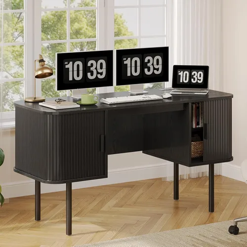 ONBRILL 55 Inch Fluted Computer Desk with Outlets, Home Office Desk, Black Escritorio ejecutivo de madera con 2 gabinetes de almacenamiento Negro