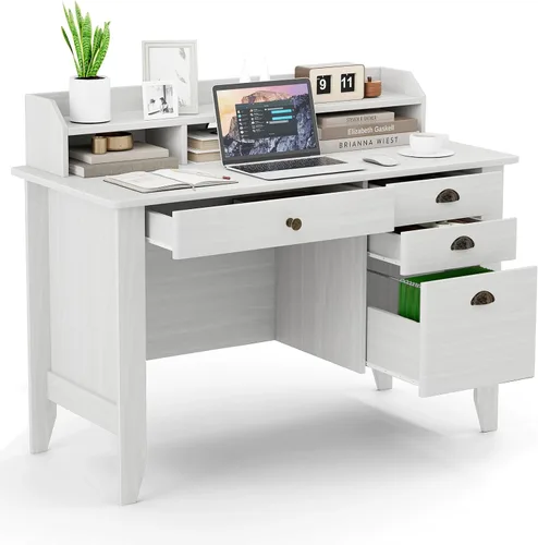 Escritorio para computadora de 48 pulgadas con 4 cajones de almacenamiento y estante superior Mesa ejecutiva de madera para PC y portátil