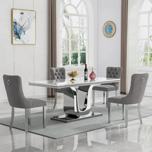 Vista 68 de Juego de 4 mesas de comedor blancas y doradas, mesa de cocina rectangular de 68 pulgadas con parte superior de mármol sintético blanco, mesa de Mesa