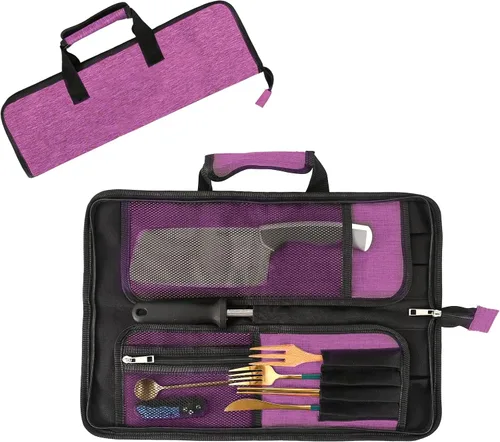 Vista 12 de Bolsa de rollo para cuchillos de chef, bolsa de cuchillo de chef Oxford resistente, estuche portátil para cuchillos de chef de 13 ranuras Negro
