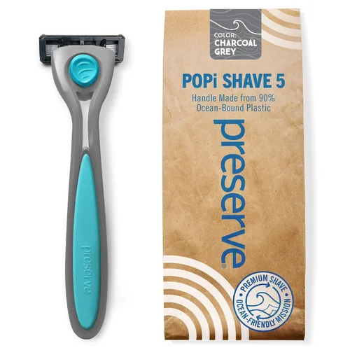 Preserve POPi - Maquinilla de afeitar 5, mango de plástico océano reciclado, gris carbón | Includes 5-Blade Cartridge; Vitamin E Lubricating Strip;