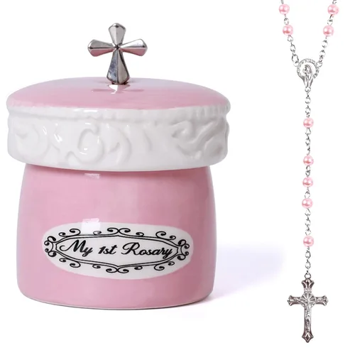 My First Rosary Cross for Girl - Caja de recuerdo y rosario para regalo, color rosa