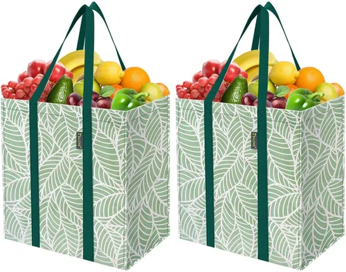 BALEINE Paquete de 2 bolsas de comestibles reutilizables con parte inferior reforzada, bolsas plegables resistentes (follaje antiguo)