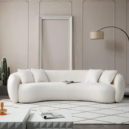 JUSTONE Sofá de sala de estar curvado moderno de mediados de siglo de 101 pulgadas, sofá de tela Boucle de 4 asientos para dormitorio, oficina beige