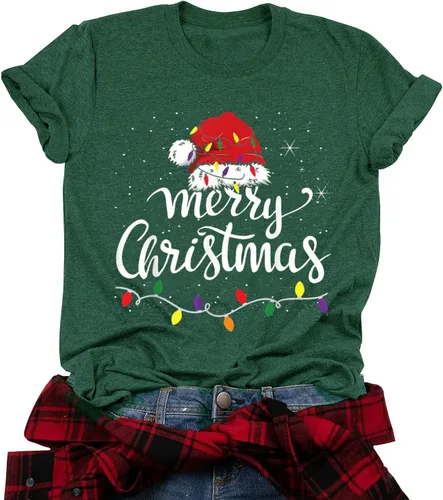 Vista 19 de Camisetas navideñas para mujer Let's Get Lit, camisa con lindo diseño gráfico de luces, manga corta, tops y camisetas de Navidad Gris-Carbón