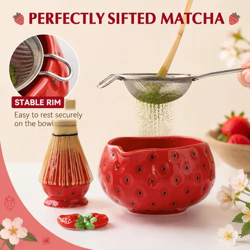 Vista 5 de Juego de batidor de matcha, juego de 7 piezas de matcha de fresa con Pajita Roja
