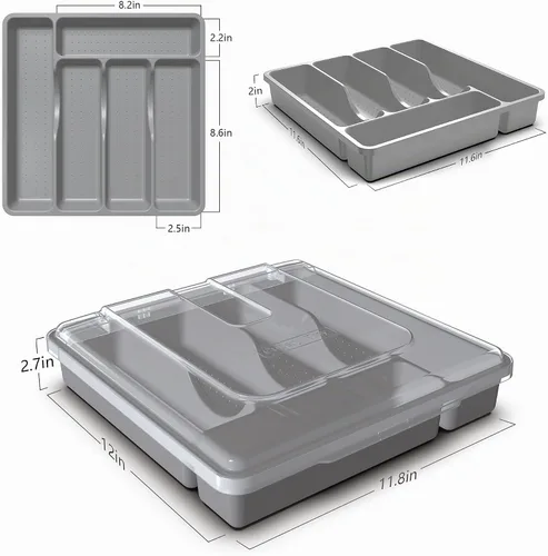 Vista 5 de Soporte para utensilios para encimera con tapa, bandeja de cubiertos de plástico para cajón (verde)