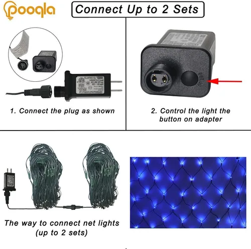 Vista 5 de Pooqla Luces de red, 300 luces LED de malla de Navidad al aire libre, 14.8 x 4.9 pies, cadena de luces con 8 modos de cable verde, conectable