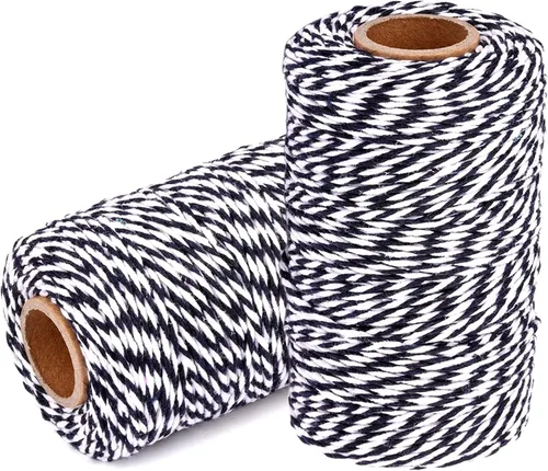 Cuerda de Hilo de Algodón para Panaderos: 2 Rollos de Cordel para Manualidades Envolver Regalos - 656 Pies de Cordel Negro Blanco para Cocina Cocinar