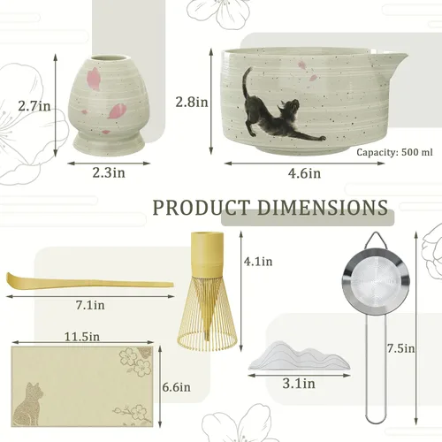Vista 6 de Juego completo de 8 piezas de matcha – Kit de ceremonia de té matcha japonés con cuenco con estampado de gato, accesorios de bambú y herramientas