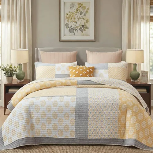 Vista 12 de KALOOLA - Juego de ropa de cama con colcha acolchada de retazos tamaño queen, 100% algodón, colcha ligera con 2 fundas de almohada, colcha Azul