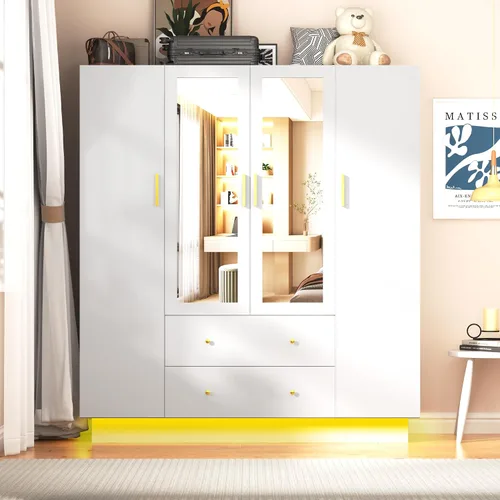 Armario de 4 puertas con espejo, armario LED con puertas y cajones, armario de almacenamiento de madera con barra para colgar, estantes ajustables