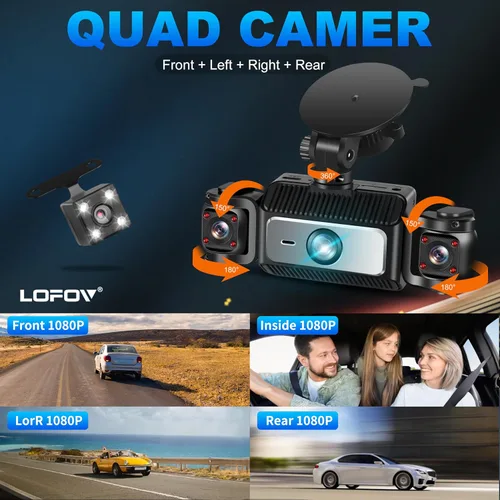 Vista 10 de Cámara de tablero de 4 canales de visión de 360°, LOFOV 1080P delantera y trasera interior, cámara de tablero izquierda y derecha para automóviles