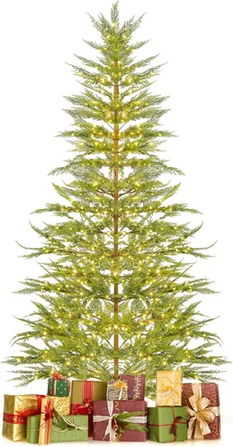GOFLAME Árbol de Navidad preiluminado de 7.5 pies con hojas de ciprés sintético, árbol de Navidad artificial con bisagras con 612 puntas de ramas de