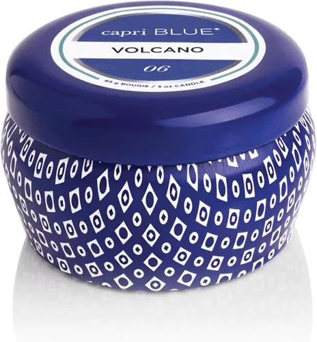 Vista 9 de Capri Blue Volcano - Mini vela perfumada en tarro de lata, mini velas impresas para el hogar perfumadas con frutas tropicales y cítricos azucarados