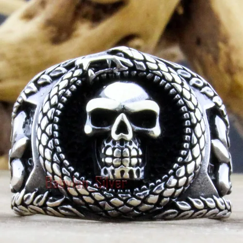 Vista 3 de Anillo de hombre de plata de ley 925 sólido, estilo retro gótico, con calavera, de moteros, lujoso, hecho a mano en Turquía