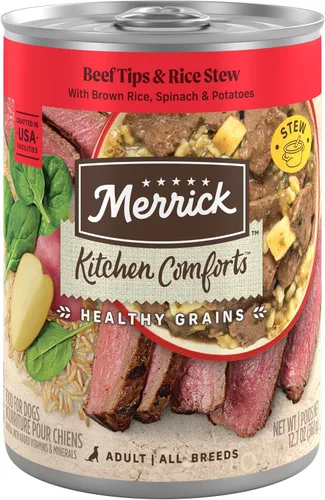 Merrick - Kitchen Comforts - Comida húmeda para perros: salsa, trozos de carne de res, guisado de carne con arroz y arroz integral, con granos, (12)