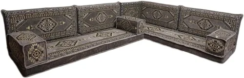 Vista 147 de arabicsofa Juego de asientos Jalsa en forma de L – Majlis árabe hecho a mano con almohadas de respaldo Oro afgano