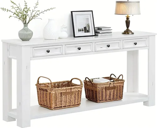 LKTART - Mesa consola de 63 pulgadas para entrada, mesa de sofá de madera maciza con 4 cajones Blanco antiguo