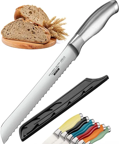 Cuchillo de Pan Dentado Orblue con Borde Ondulado Súper Afilado de Acero Inoxidable Mejorado - Cortador de Pan Ideal para Rebanar Bagels Caseros,
