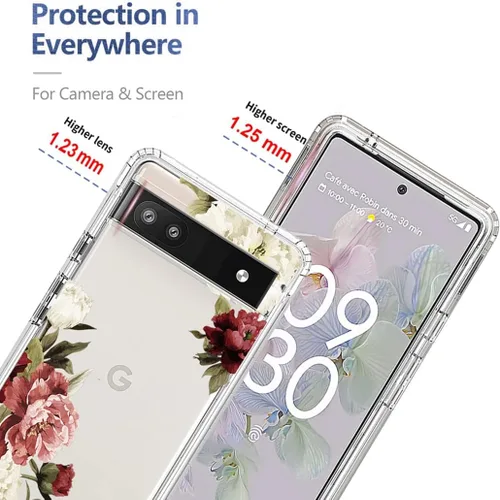 Vista 2 de Funda para Google Pixel 6A, diseño floral, protector de pantalla de vidrio templado transparente, funda protectora de cuerpo completo