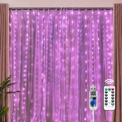 Brightown 300 luces LED de cortina de hadas, 9.8 pies x 9.8 pies Decoración rosa para el día de San Valentín, enchufe USB, 8 modos de iluminación