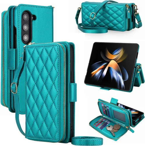 Vista 15 de Compatible con Samsung Galaxy Z Fold 3 5G 2021 - Funda tipo cartera con cremallera y bloqueo RFID, correa para tarjetero, ranuras para tarjetas Rojo