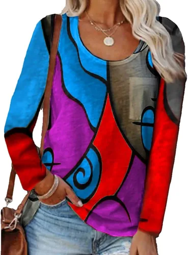 Janepam Blusa de manga larga con cuello redondo y bolsillo holgado para mujer, talla grande, diseño geométrico de bloques de color