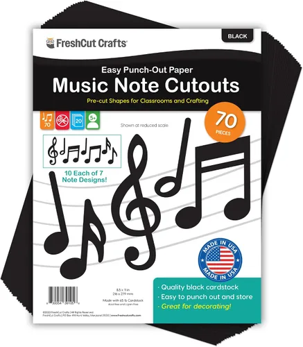 Recortes de notas musicales, negro, 7 diseños, 70 piezas