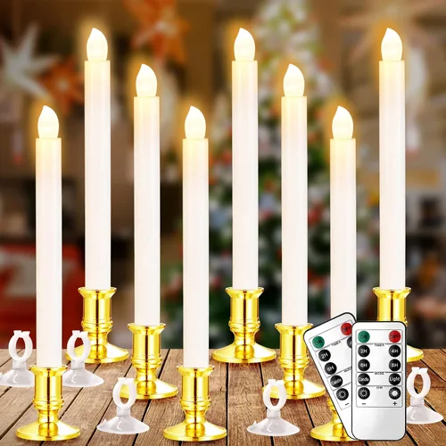 YAUNGEL Velas de ventana, paquete de 8 velas LED de Navidad que funcionan con pilas para ventanas con temporizador remoto, luces eléctricas con Base