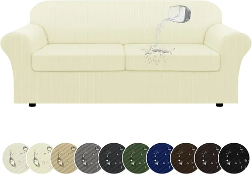 Vista 14 de Funda impermeable para silla con brazos, juego de 2 piezas, funda a rayas para 1 sofá separado con cojín en T, fundas de sillón de tela de Beige