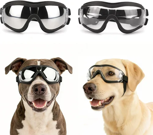 Gafas de sol transparentes para perros NAMSAN y gafas de sol negras para perros de raza mediana a grande, 2 piezas, protección ocular para perros al