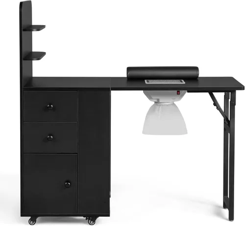 Vista 9 de Mesa de manicura plegable – Estación de escritorio plegable para uñas con ventilación eléctrica descendente, ruedas bloqueables, reposabrazos