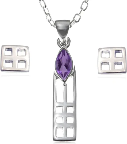 Alexander Castle Juego de joyas para mujer de plata de ley 925 Charles Rennie Mackintosh Amatista collar y aretes con caja de regalo de joyería