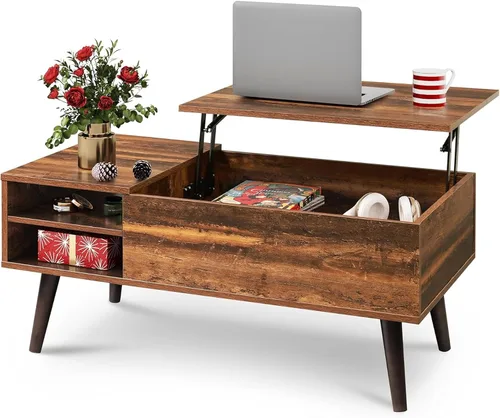 Vista 11 de WLIVE - Mesa de centro de madera con parte superior elevable, compartimento oculto y estante de almacenamiento ajustable, mesa elevable para comedor