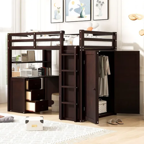 Cama tipo loft de tamaño individual con armario, escritorio y cajones, cama alta multifuncional de madera maciza con escalera y barandilla completa