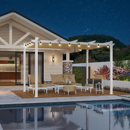 Vista 20 de PURPLE LEAF Pergola retráctil de 10 x 10 pies, pérgola blanca, toldo extra, azul marino Extra roof shields canopy, anchored thick post reduce sway