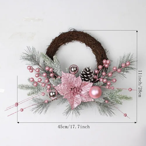 Vista 5 de Corona de Navidad con adornos de bolas para decoración de puerta delantera (corona rosa, 17.7 in)
