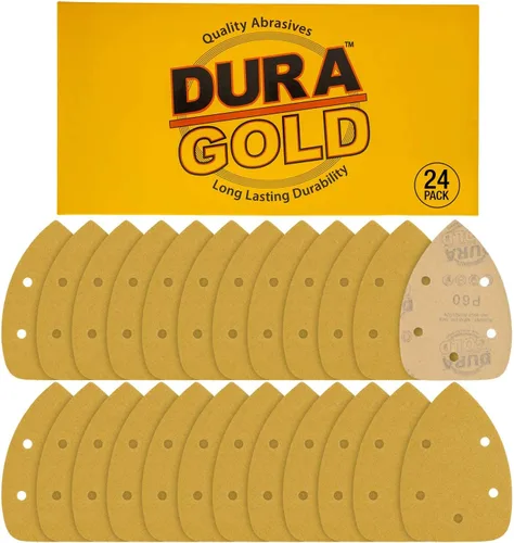 Dura-Gold Hojas de lija de papel de lija prémium con detalle de ratón, grano 60 (caja de 24), discos triangulares de 5 agujeros con gancho y bucle