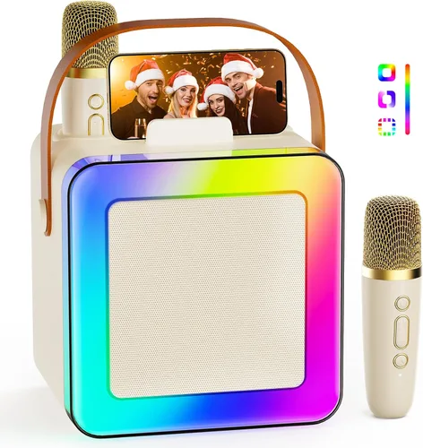Mini máquina de karaoke para niños y adultos, altavoz Bluetooth portátil con 2 micrófonos inalámbricos, juguetes de karaoke para fiesta familiar