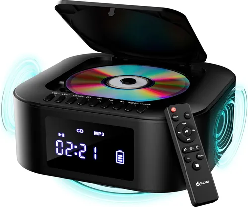 KLIM Boombox E1 - Sistema de audio portátil con reproductor de CD + graves adicionales con subwoofer + radio FM, CD MP3 Bluetooth AUX USB + batería