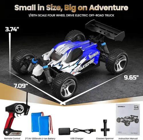 Vista 8 de SIMREX Coche RC 1:18 Escala 4WD, 40+ MPH Camión todoterreno de alta Azul