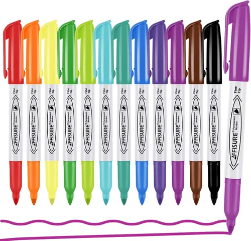 Juego de marcadores permanentes de colores surtidos, 12 marcadores de colores, 12 unidades, punta fina, funciona en madera, plástico, metal y más