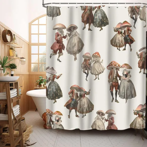 Vista 2 de Divertida cortina de ducha de hongos, juego de cortinas de ducha vintage con diseño de hongos, bonitas cortinas de baño de tela impermeable
